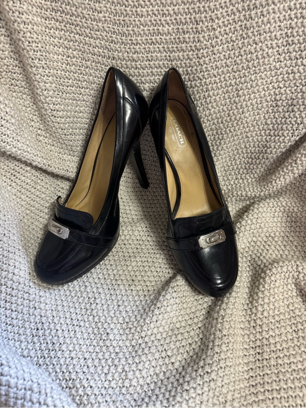 Coach Black Leather Heeled Loafer Pumps with Silver Accent